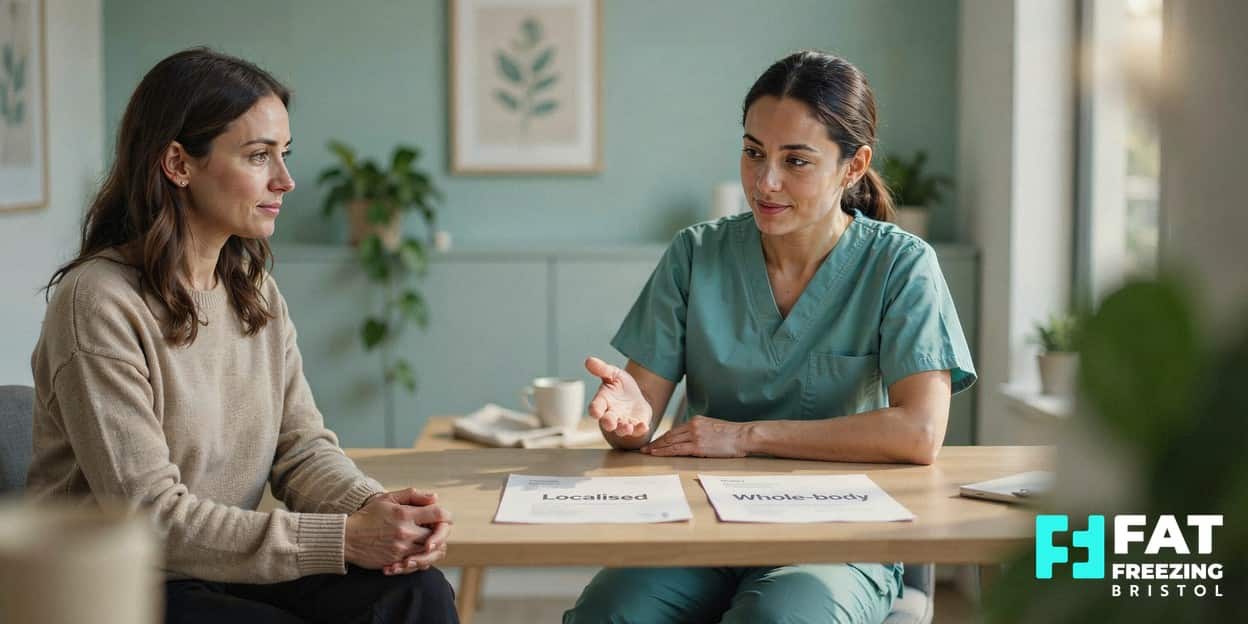 A practitioner in teal scrubs explaining two information cards labelled Localised and Whole-body to a client in a bright modern clinic, illustrating the core difference between Aqualyx and Mounjaro