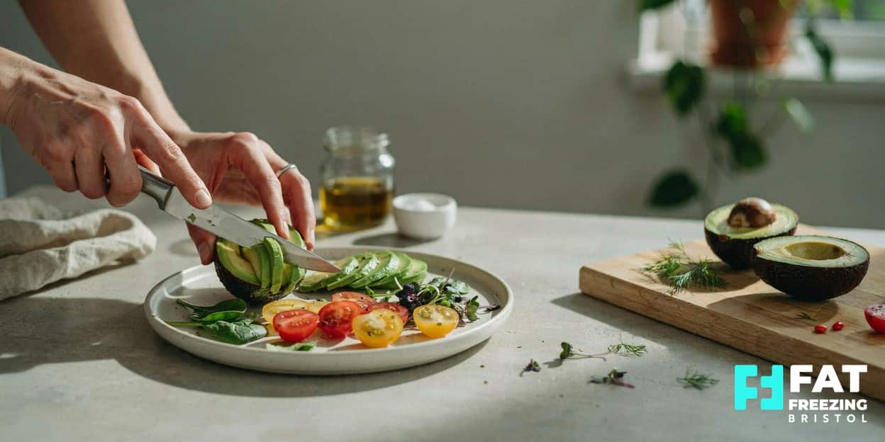 Hands preparing a fresh colourful meal of avocado and vegetables on a sunlit kitchen counter, representing the balanced lifestyle that underpins any body contouring or weight-loss journey