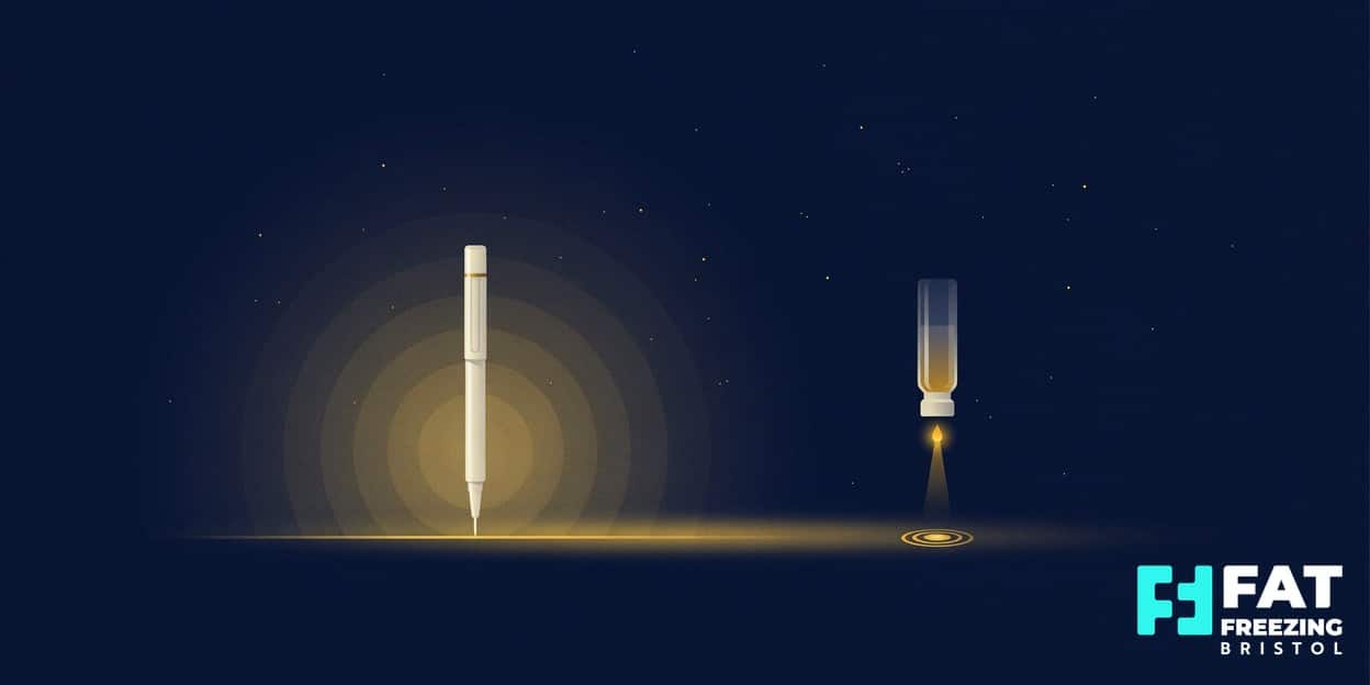 Flat-vector illustration of a systemic injector pen radiating wide light beside a localised fat-dissolving vial casting a focused droplet, on a midnight-blue background — the contrast explained at Fat Freezing Bristol