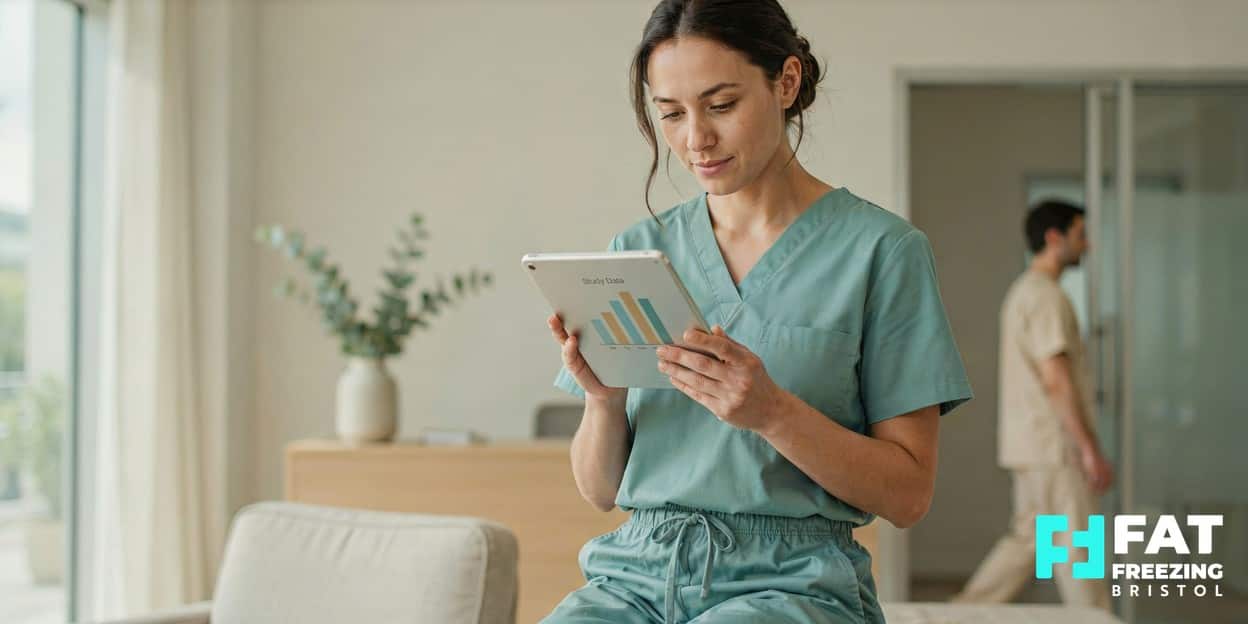 A clinician in teal scrubs reviewing a Study Data bar chart on a tablet in a bright modern clinic, representing 2024–2026 fat freezing research