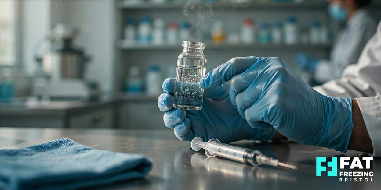 Gloved hands in a research lab holding a vial of frosted ice-particle slurry with cold mist rising, beside a precision syringe representing injectable cryolipolysis research