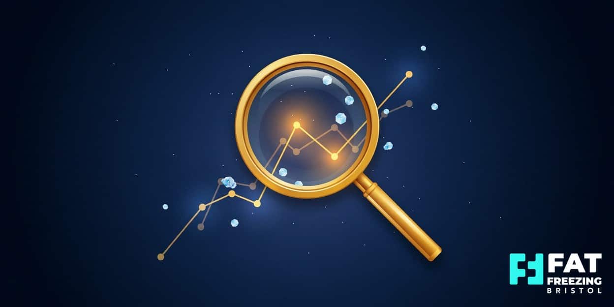 Flat-vector illustration of a golden magnifying glass examining a rising data graph with ice crystals, representing the latest fat freezing research evidence at Fat Freezing Bristol