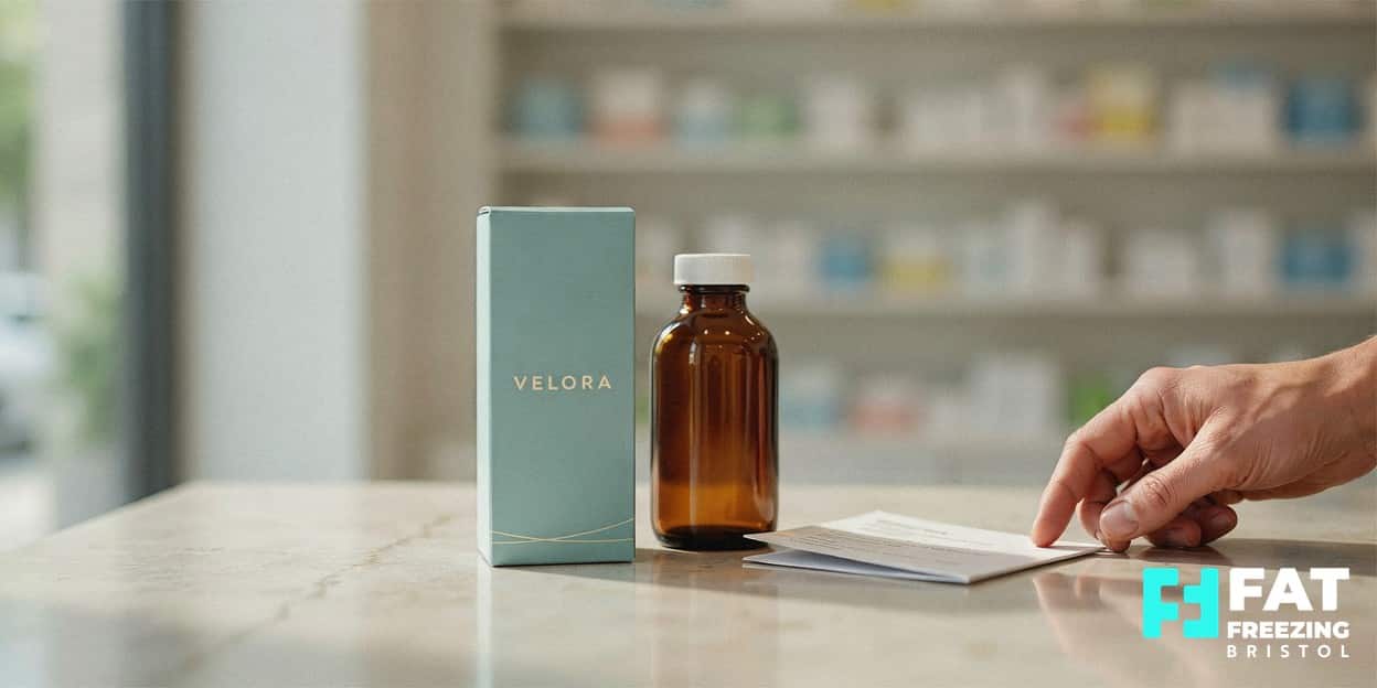 A pharmacy-counter still-life of a medication carton labelled VELORA beside an amber prescription bottle and a folded patient leaflet, with a pharmacist’s hand nearby