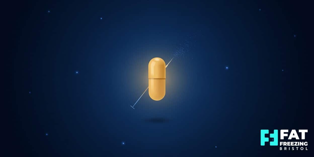 Illustration of a glowing golden semaglutide capsule rising in front of a fading injection needle on a midnight-blue background, representing the new oral GLP-1 weight-loss pill in the UK