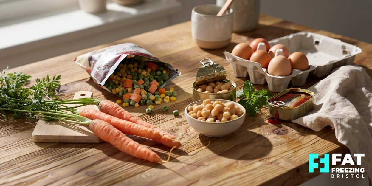 Budget-friendly staples of frozen vegetables, eggs, tinned chickpeas, tinned fish and carrots on a wooden kitchen worktop in soft daylight, illustrating eating well for less