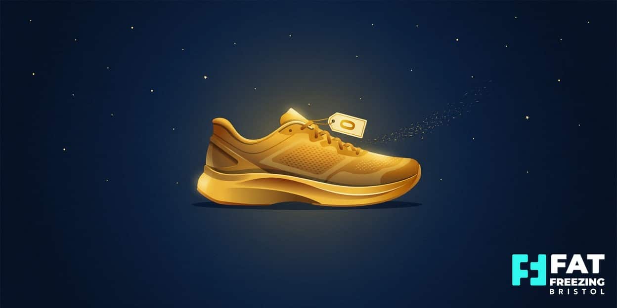 A flat-vector glowing gold running shoe with a price tag reading zero on a midnight-blue background, suggesting free ways to stay fit