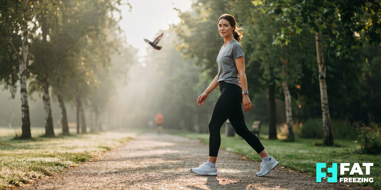 A woman walking outdoors on a tree-lined path in soft morning light, relaxed and active in everyday sportswear