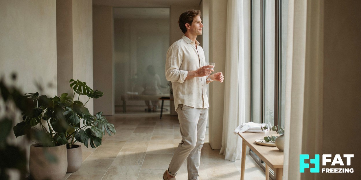 A person standing relaxed by a sunlit window in a calm modern clinic, holding a glass of water, looking thoughtful and at ease
