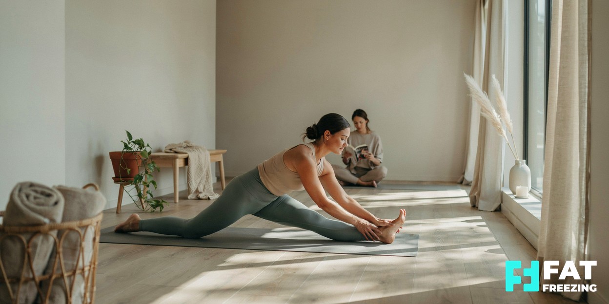 A calm wellness studio with a person stretching by a sunlit window, healthy lifestyle setting