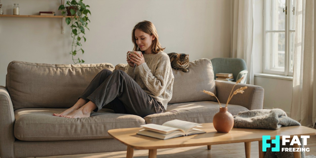 A person relaxing at home on a sofa with a warm drink, looking calm and unhurried in soft natural daylight