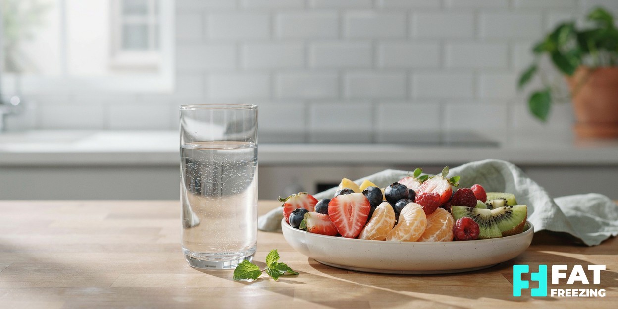A glass of water beside a bowl of fresh fruit on a bright kitchen counter, an everyday wellness scene in soft natural light