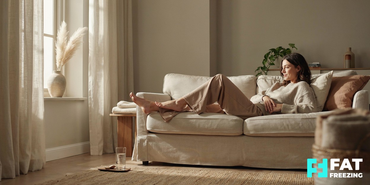 A person resting calmly on a sofa at home with a glass of water nearby, soft natural daylight through a window
