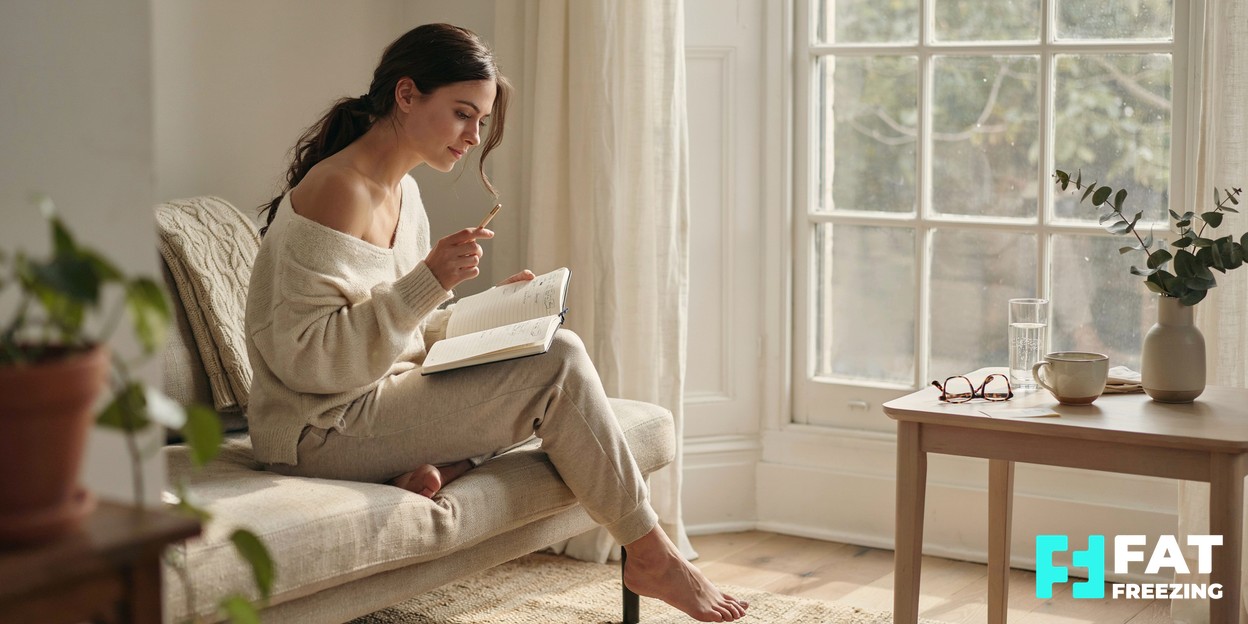 A person sitting calmly at home with a notebook and a glass of water beside a sunlit window, reflecting on their wellness routine