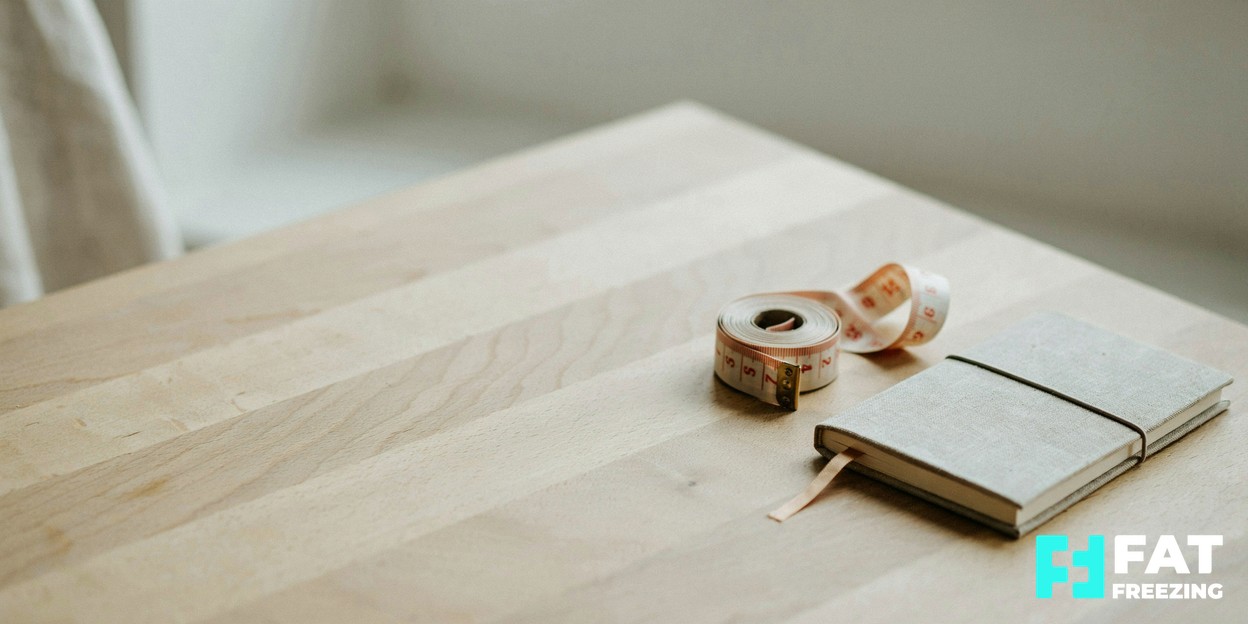 A soft-focus close-up of a fabric tape measure and a small notebook resting on a clean wooden surface in warm natural light