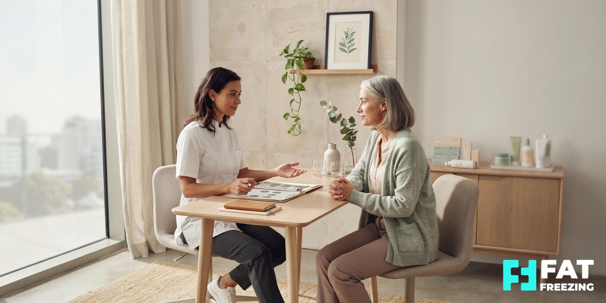 A practitioner and client discussing a treatment plan together across a consultation desk in a bright, modern clinic