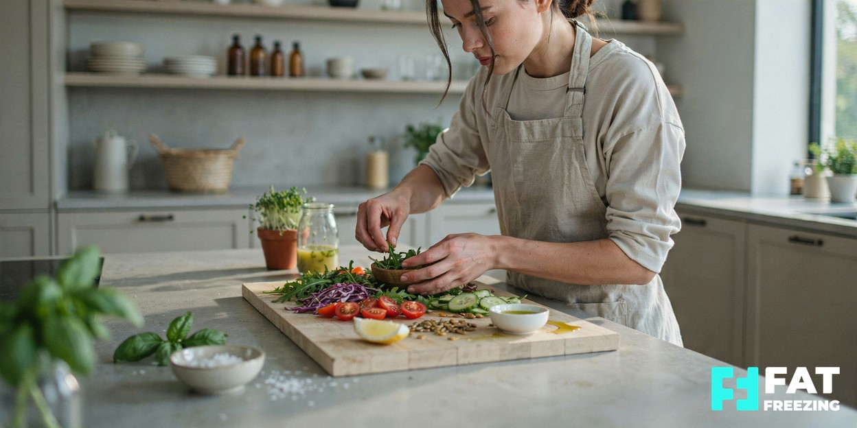 A person preparing a colourful, fresh vegetable meal in a light-filled kitchen, reflecting a balanced everyday lifestyle