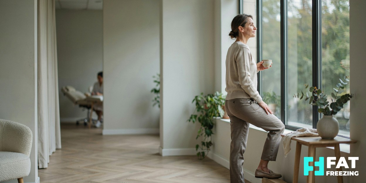 A calm, well-dressed person looking relaxed and confident in a bright modern aesthetics clinic
