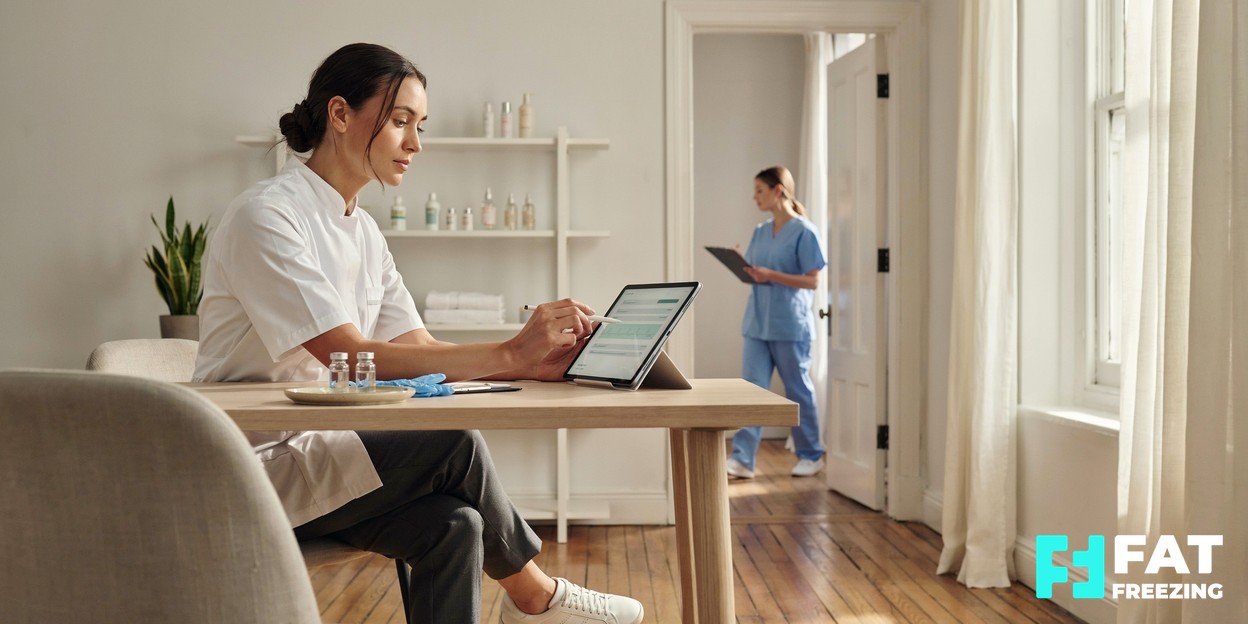 A practitioner reviewing a treatment record on a tablet at a tidy desk in a bright, modern aesthetics clinic