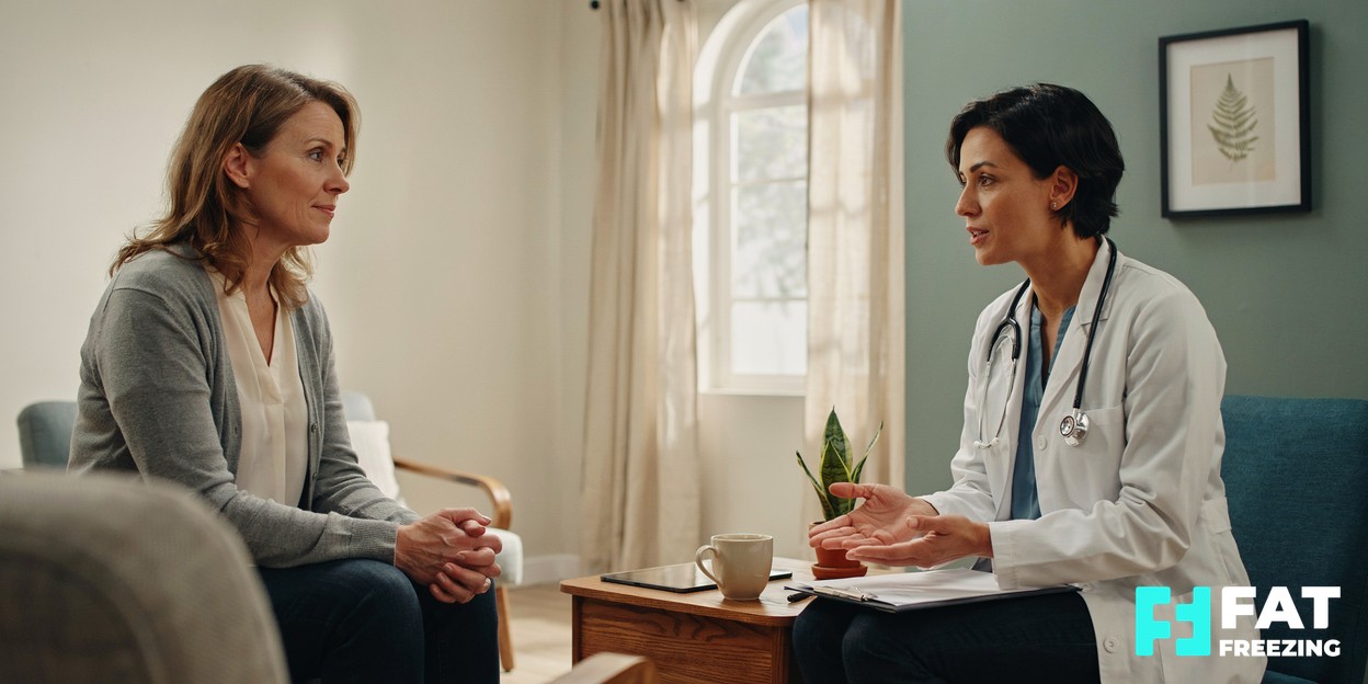 A client and practitioner in conversation during a calm medical screening consultation in a softly lit clinic room