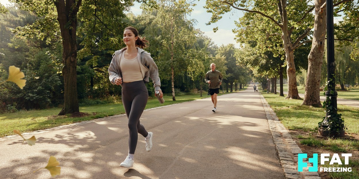 A person enjoying a relaxed healthy lifestyle moment, walking outdoors in soft morning light wearing casual activewear