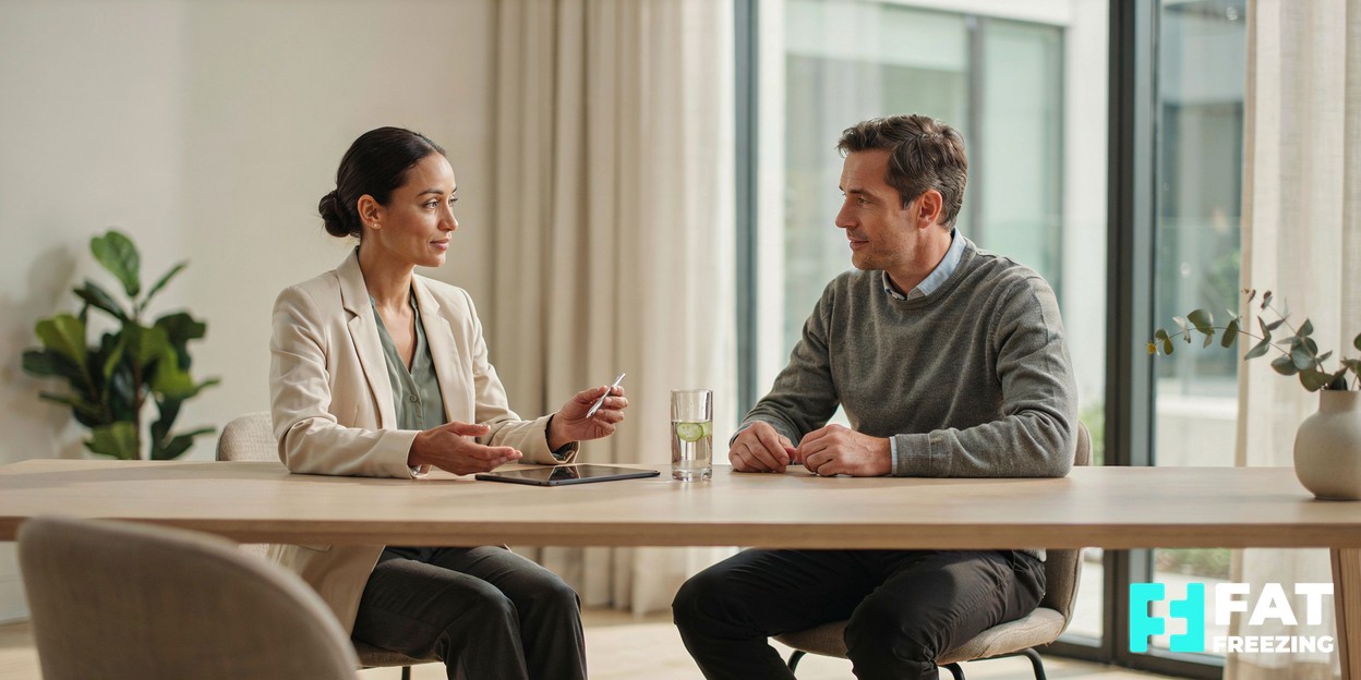 A calm consultation room in a modern aesthetics clinic with a practitioner and client talking across a desk in soft natural light