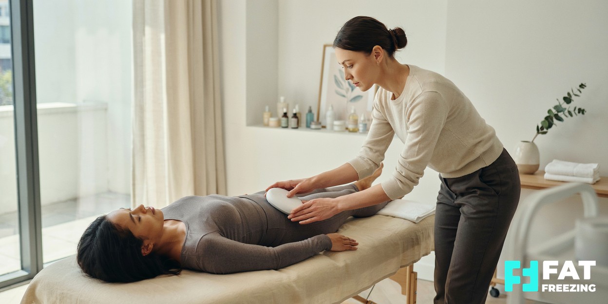 Aesthetic practitioner positioning a body-contouring cooling applicator on a relaxed client in a bright modern clinic