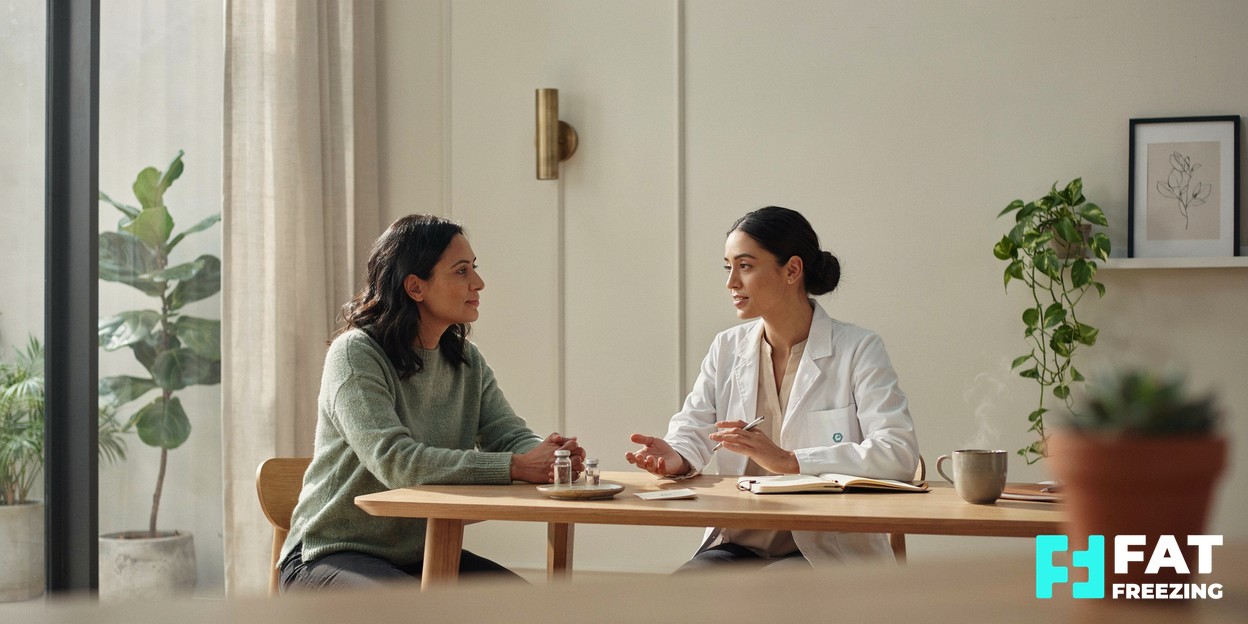 Clinician and client in calm conversation across a desk during an aesthetics consultation, soft daylight from a window