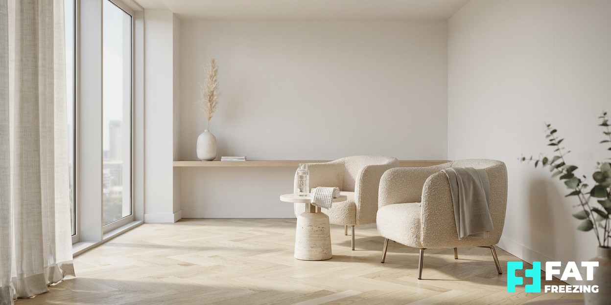 Calm, modern aesthetics clinic consultation room with soft natural light and two empty chairs by a window