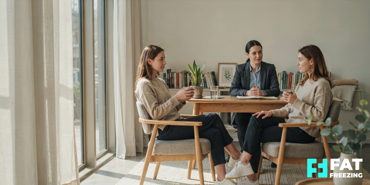 A relaxed person in conversation with a clinician across a desk in a calm, modern consultation room, warm natural daylight through a window