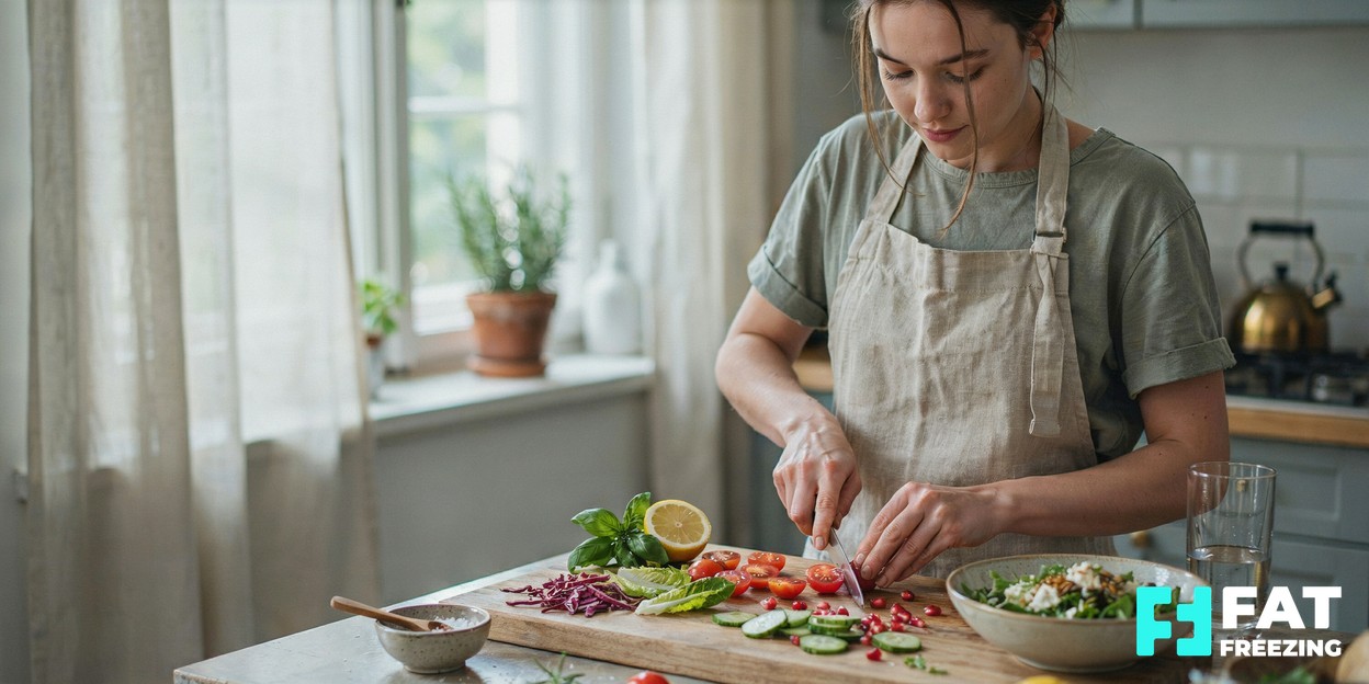 A person preparing a colourful fresh salad in a sunlit kitchen, calm and unhurried, water glass nearby