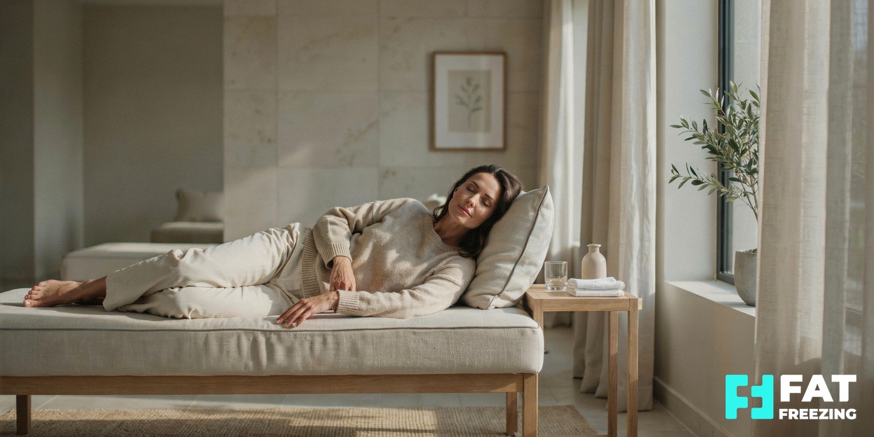 A serene, modern aesthetics clinic room with soft natural daylight and a relaxed person reclining comfortably on a treatment couch