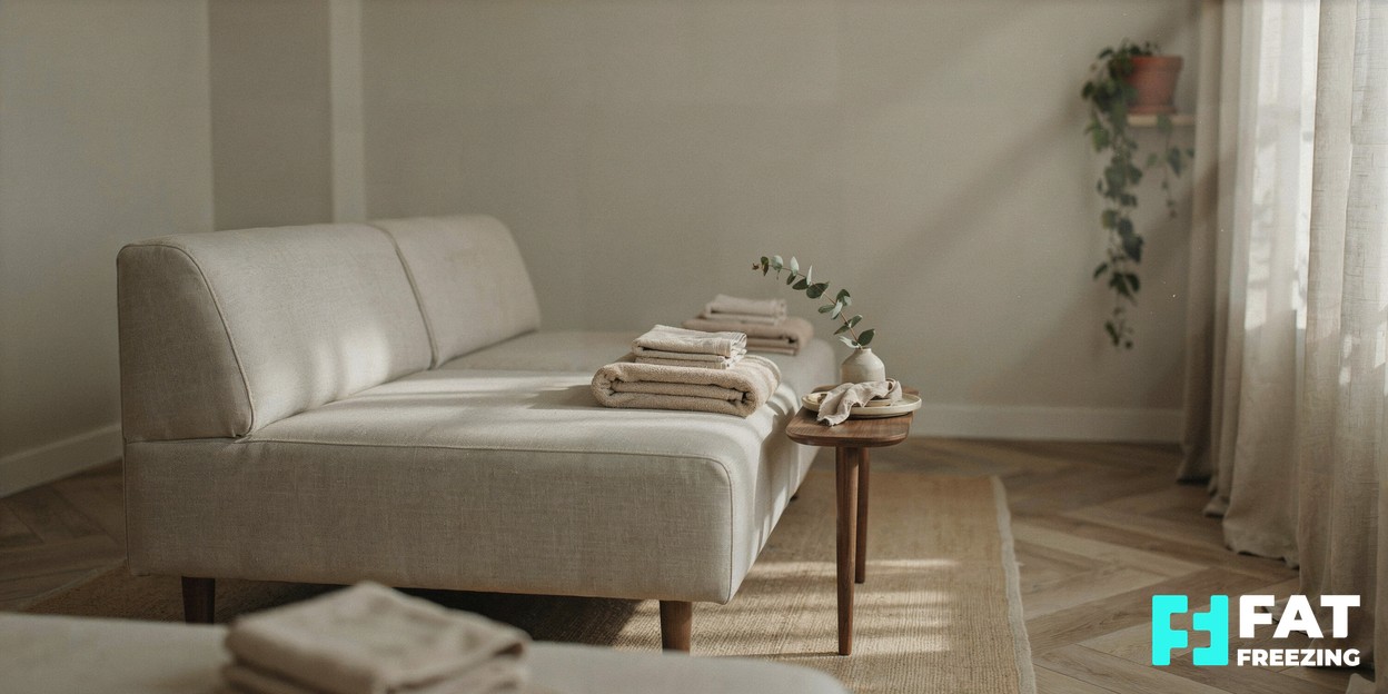 Calm, neatly organised treatment room in a contemporary aesthetics clinic with a couch, soft towels and warm natural light