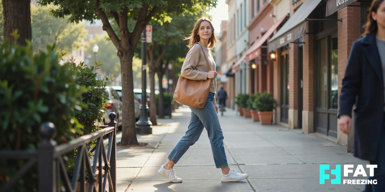 A person in casual clothes walking confidently outdoors on a sunny city street, returning to everyday life