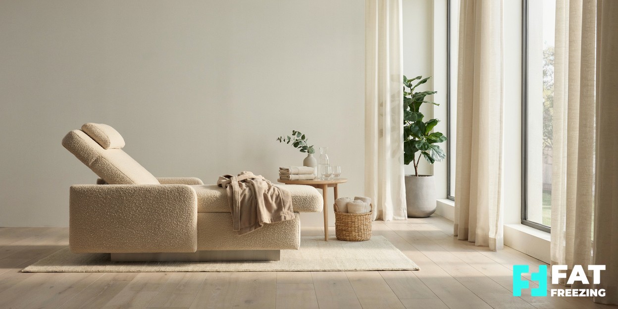 A bright, minimalist aesthetic clinic treatment room with a comfortable reclining chair, soft towels and natural daylight from a large window
