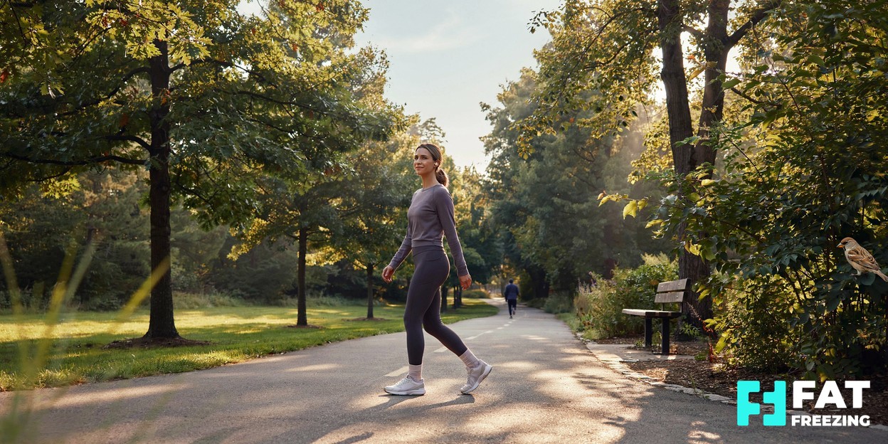 A person in comfortable activewear walking outdoors along a tree-lined path in soft morning light, relaxed and healthy