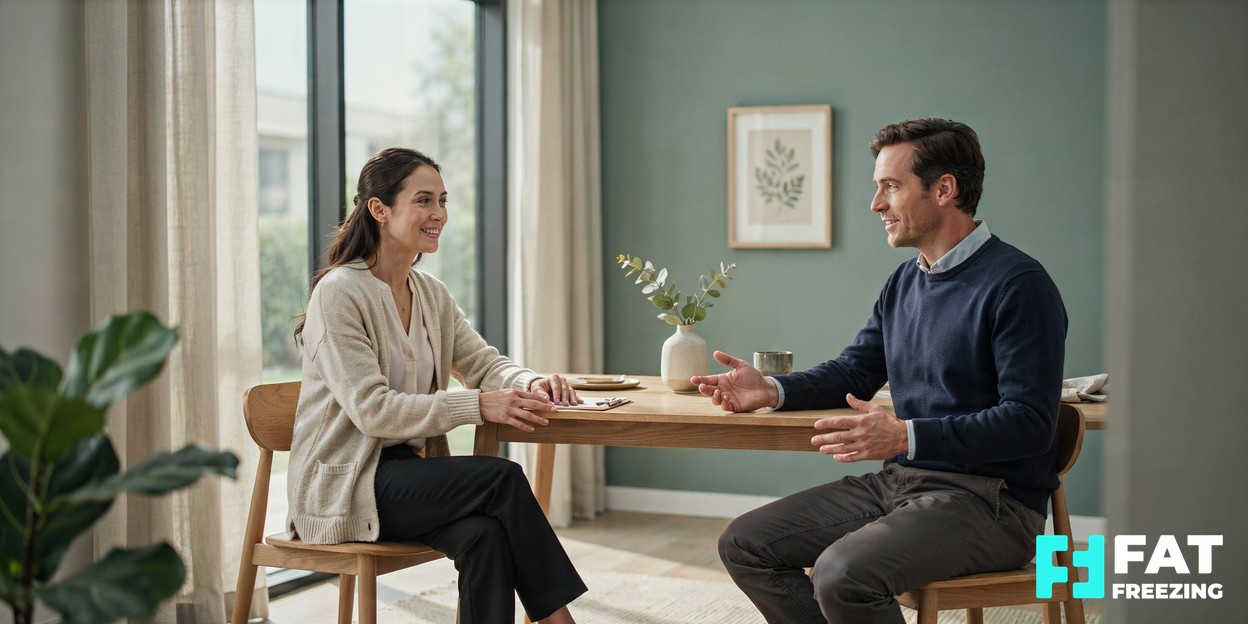 A friendly consultation between a client and a practitioner seated together at a desk in a calm, well-lit modern clinic, both smiling in conversation