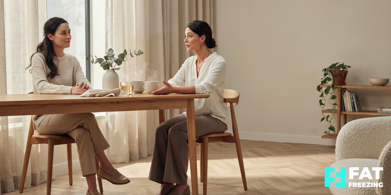A calm, sunlit modern clinic consultation space with a person sitting comfortably and talking with a practitioner across a wooden table