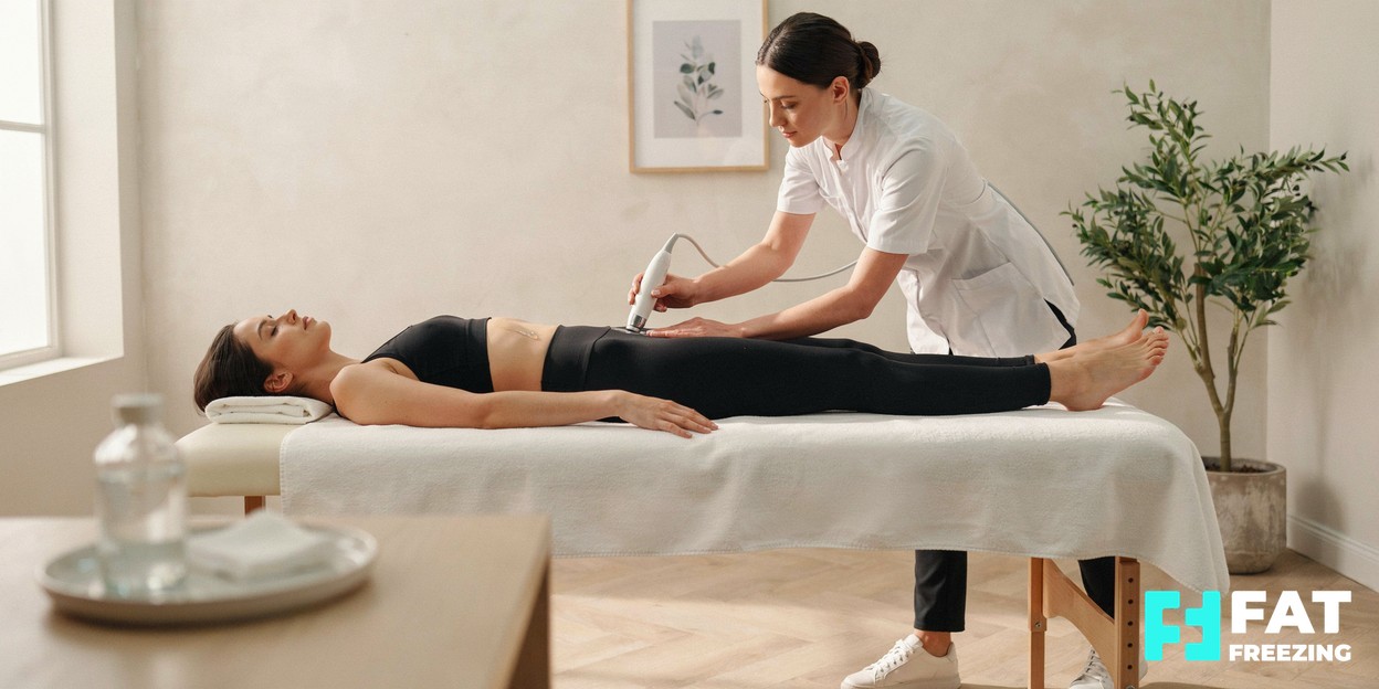 A practitioner gliding a smooth ultrasound handpiece across a relaxed client's midriff in a bright modern clinic