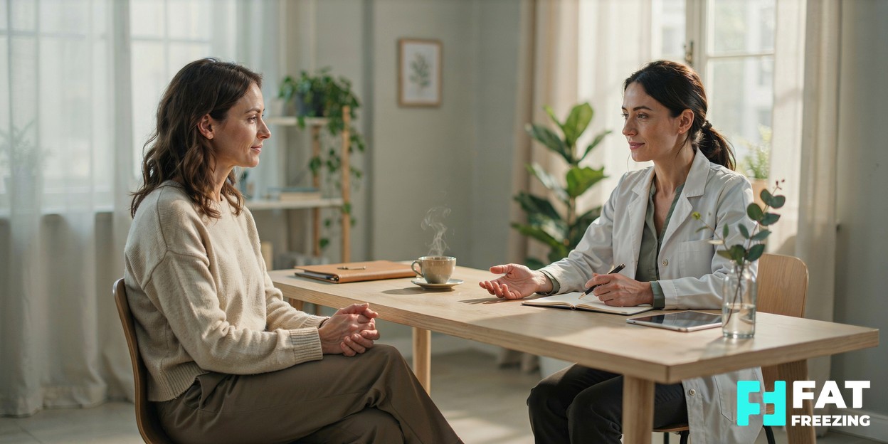 A calm consultation between a client and an aesthetics practitioner sitting across a desk in a warm, daylit clinic room