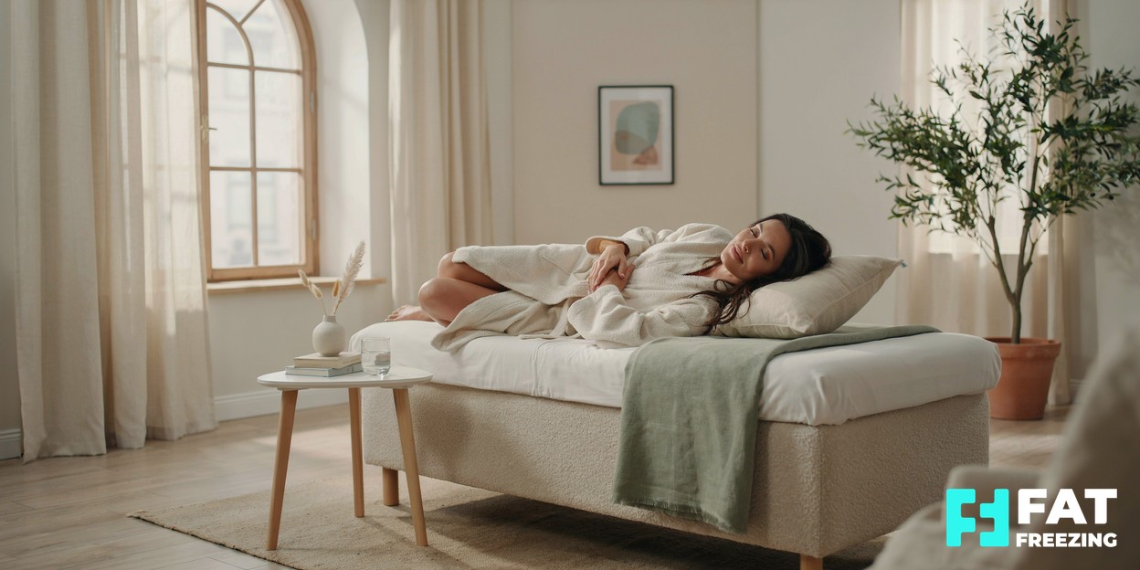 A calm, modern aesthetics clinic treatment room with soft natural light and a relaxed person reclining on a treatment couch