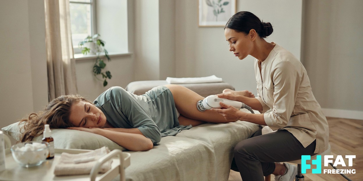 Aesthetic practitioner guiding a motorised roller handpiece along a relaxed client's thigh in a bright treatment room