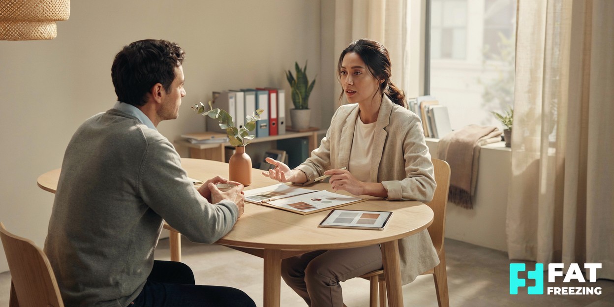 A practitioner and client in a calm, sunlit consultation discussing treatment options across a table