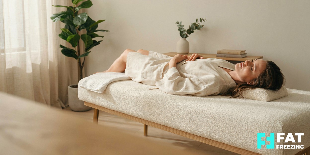 A calm, modern aesthetics clinic with soft natural light and a relaxed person resting comfortably on a treatment couch