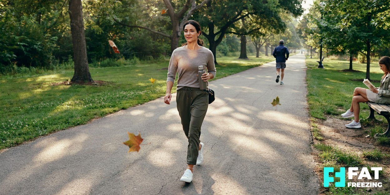 A person in comfortable activewear walking outdoors on a tree-lined path in soft morning light, suggesting healthy, sustainable lifestyle habits