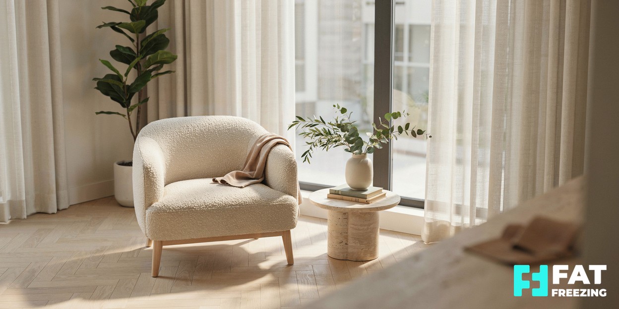 A bright, calm aesthetics clinic consultation space with soft natural light and a comfortable seating area