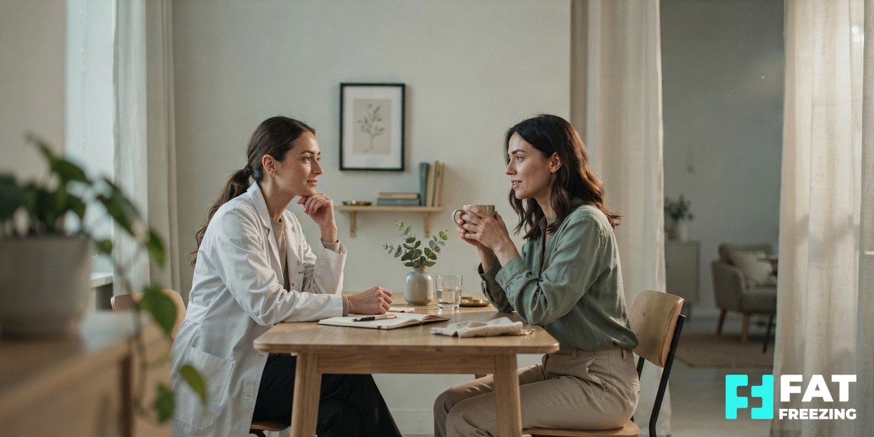 A calm, modern aesthetics clinic consultation in progress, a practitioner and client in conversation across a light wooden table by a sunlit window