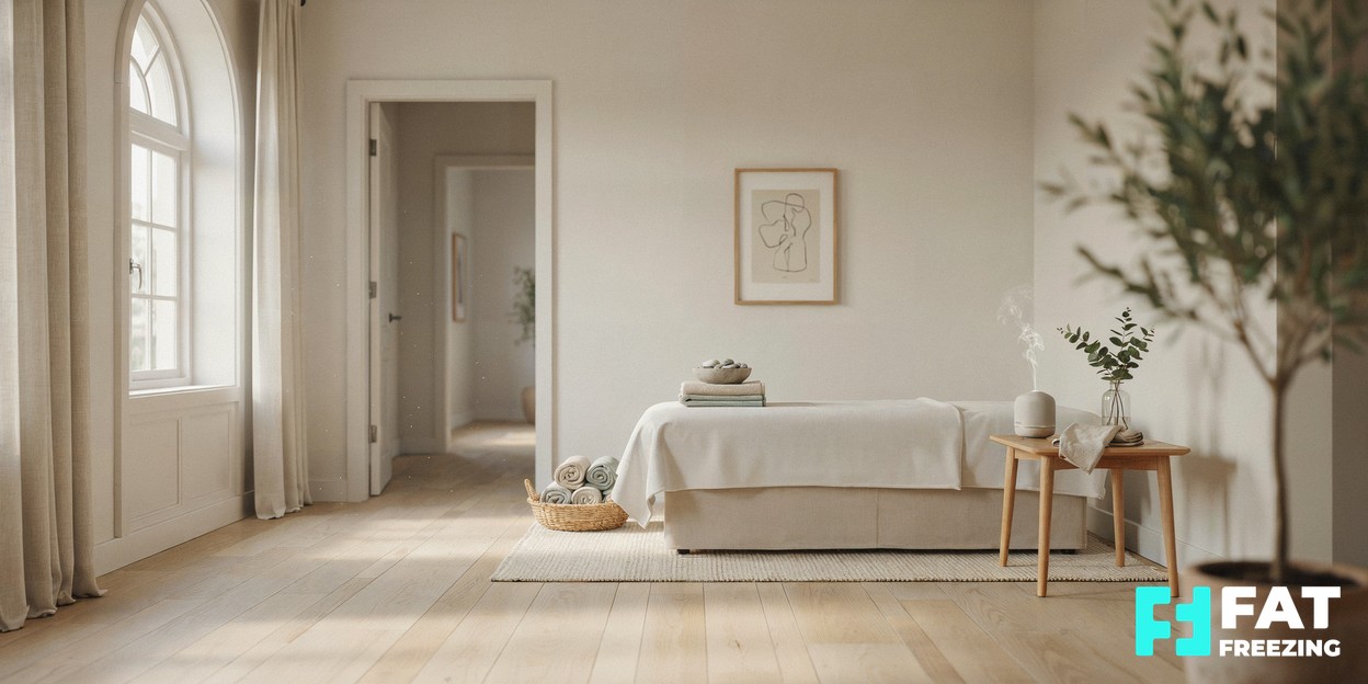 A bright, contemporary treatment room in a wellness clinic, neatly arranged with soft towels and a reclining couch bathed in gentle natural light