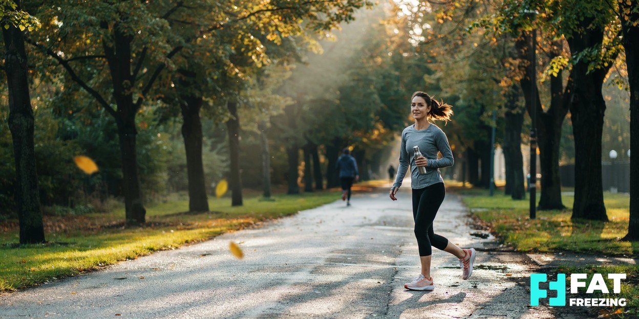 A person enjoying an active outdoor lifestyle, walking briskly along a tree-lined path in soft morning light, relaxed and healthy