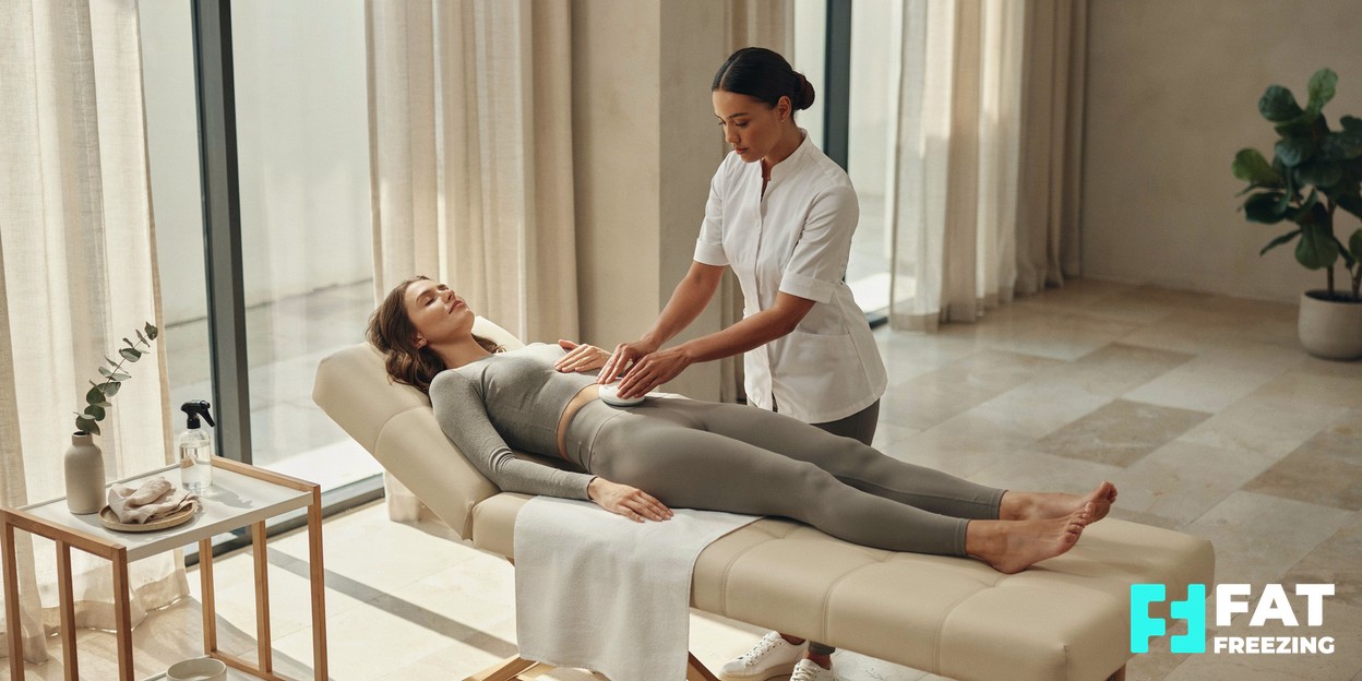 Aesthetician adjusting a cooling applicator on a relaxed client in a bright modern clinic