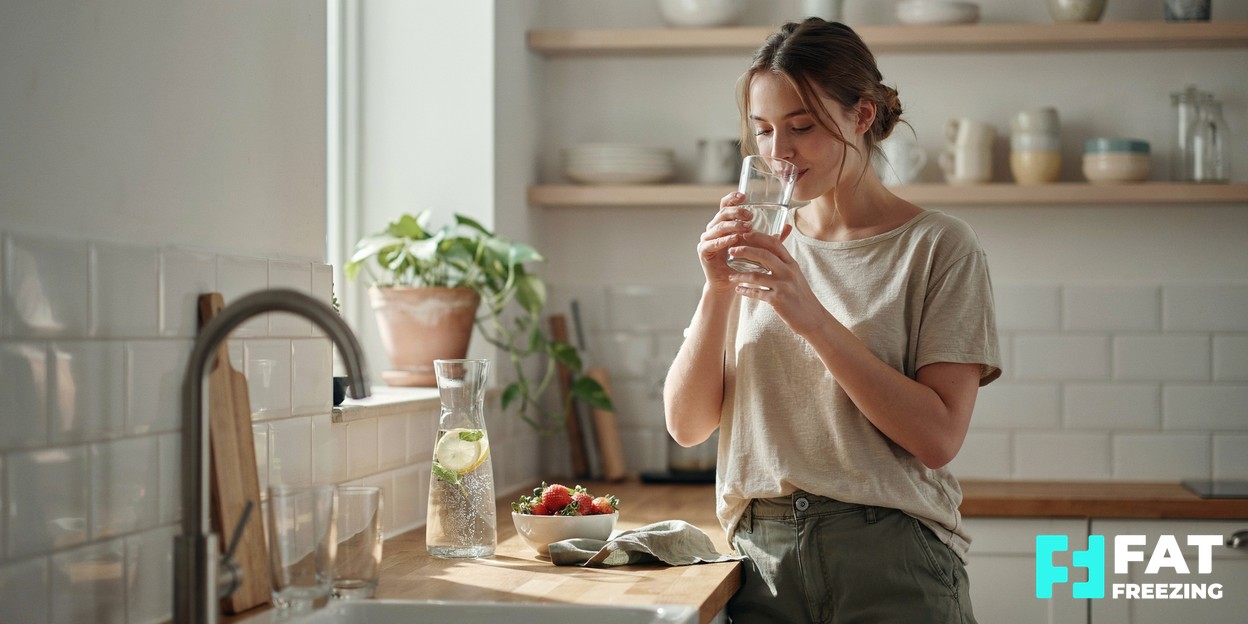 Person drinking a glass of water in a sunlit kitchen as part of a healthy daily routine